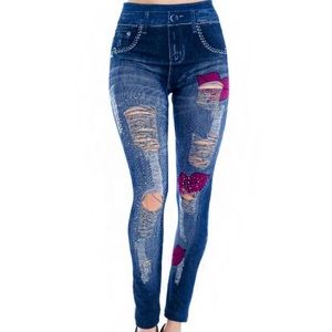 Denim blue distress jean fashion tight leggings